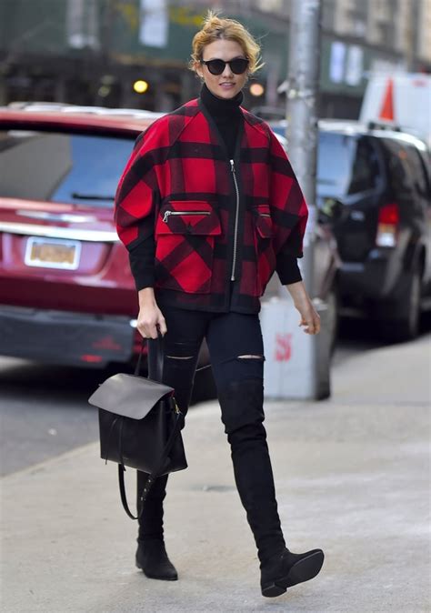 prada pink plaid coat with fur color karlie kloss